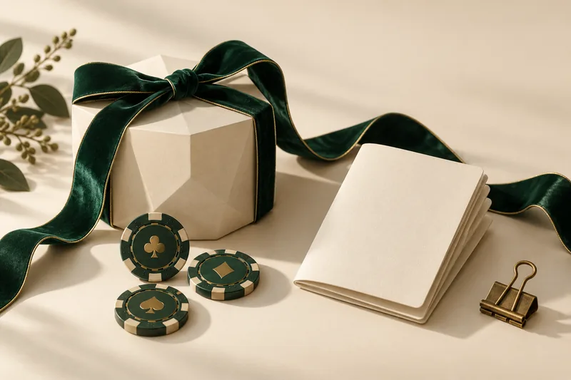 Ivory gift box with green ribbon, terms booklet and poker chips
