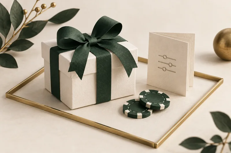 Ribboned gift and conditions booklet within a thin brass boundary frame