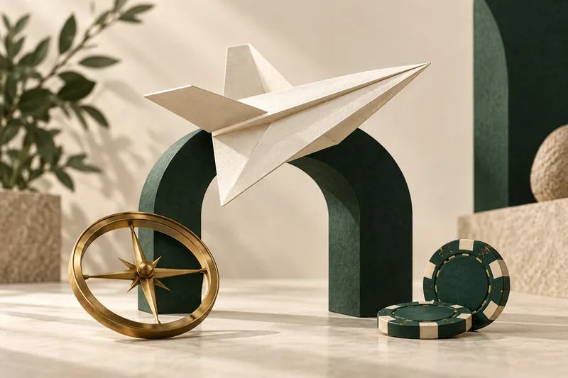 Paper aircraft above a green arch beside a brass compass and poker chips