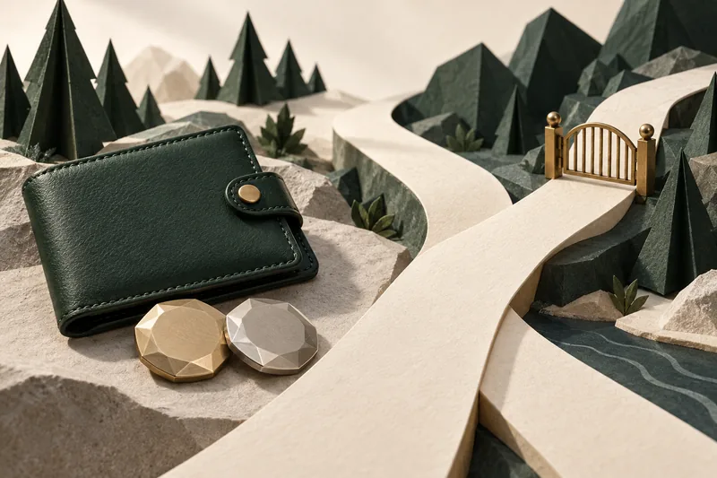 Green wallet beside branching paper routes and a brass gate