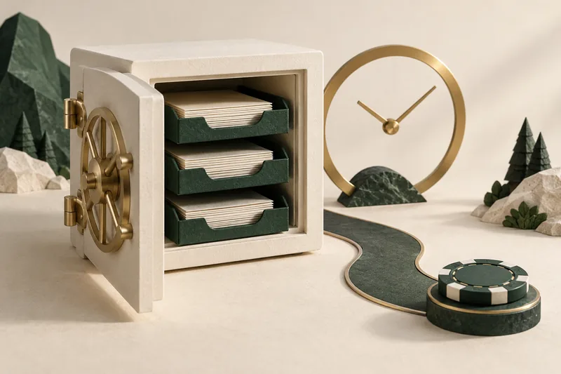 Ivory vault with three document trays, a brass clock and a path to a poker chip