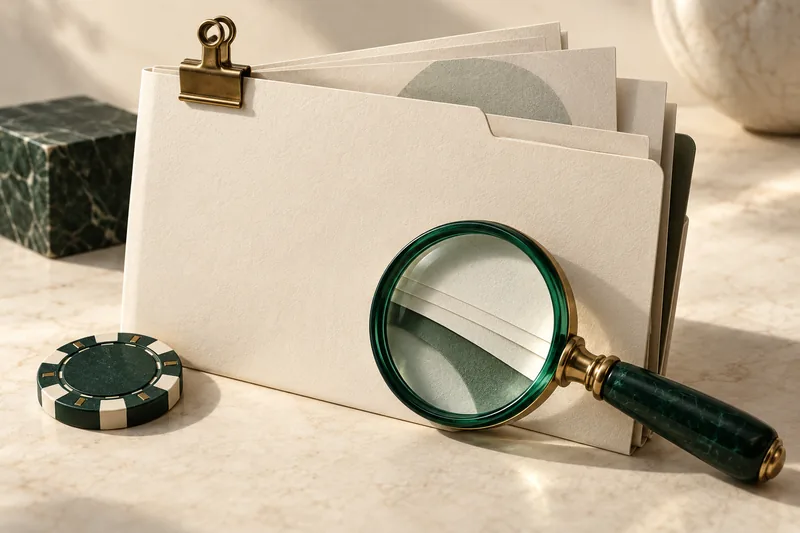 Document folder and green magnifying lens beside a poker chip